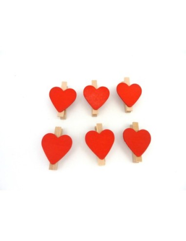 Lot de 6 mini pinces à linge coeur rouge uni en bois 45mm