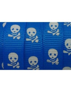 Ruban plat 10mm bleu vif avec motif tête de mort blanche