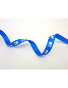 Ruban plat 10mm bleu vif avec motif tête de mort blanche 2