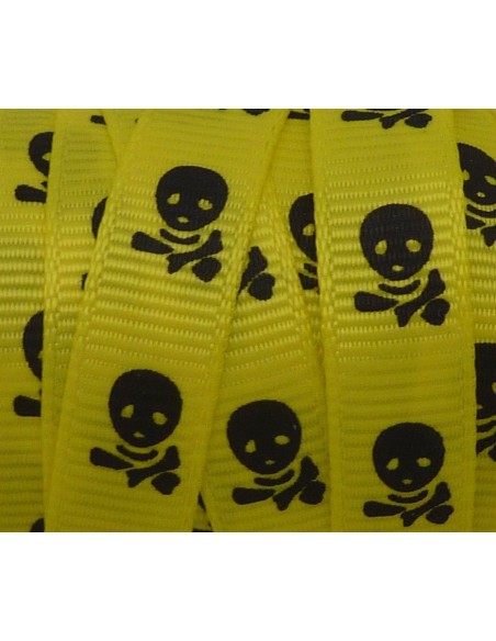 Ruban plat jaune motif tête de mort noire 10mm