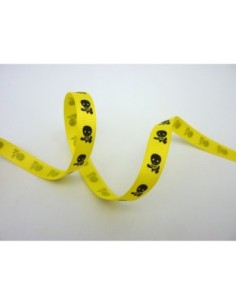 Ruban plat jaune motif tête de mort noire 10mm 2
