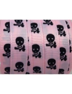 Ruban plat rose pâle 10mm avec tête de mort noire