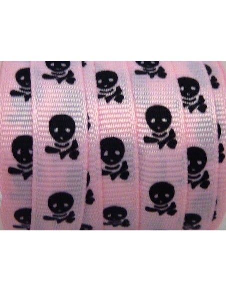 Ruban plat rose pâle 10mm avec tête de mort noire