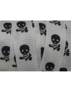 Ruban plat 10mm blanc avec tête de mort noire