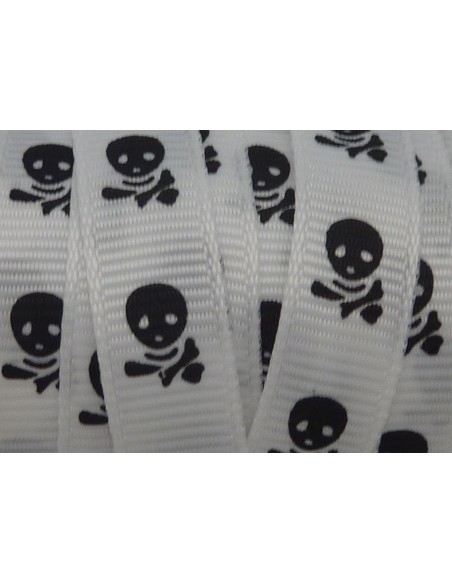Ruban plat 10mm blanc avec tête de mort noire