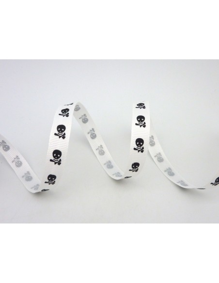 Galon blanc motif tête de mort noire 10mm