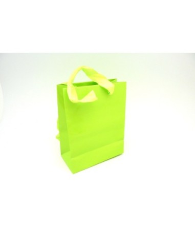 R-Pochette cadeaux en papier glacé vert anis quasi fluo lanière verte