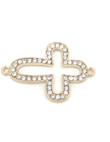 Perle connecteur croix métal doré pâle brillant à strass transparent