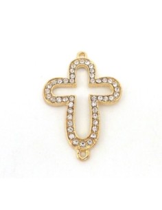 Perle connecteur croix métal doré pâle brillant à strass transparent 2