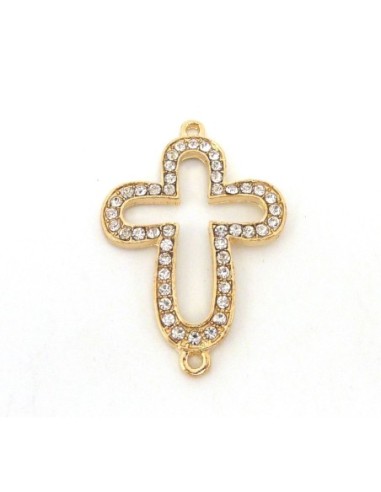 Connecteur croix doré pâle en métal brillant avec strass