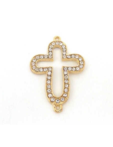 Connecteur croix doré pâle en métal brillant avec strass
