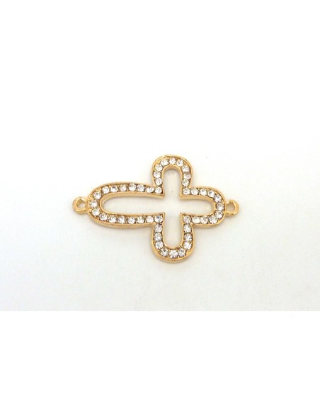 Perle connecteur croix brillant à strass translucide doré pâle en métal