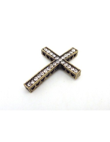 Perle de jonction croix en métal bronze orné de strass