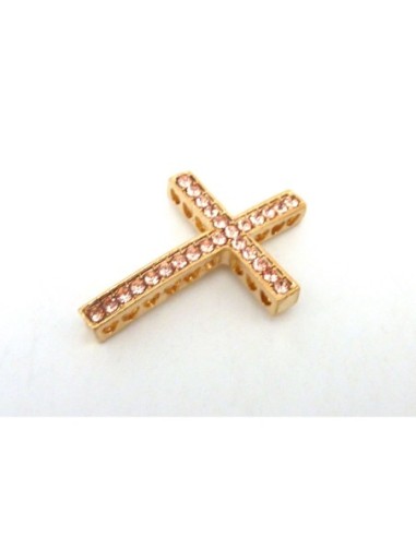 perle intercalaire croix en métal doré et strass orangé rosé