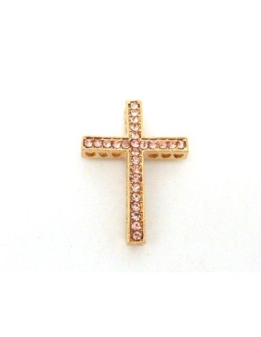 perle de jonction croix en métal doré et strass orangé rosé