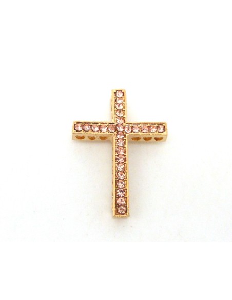 perle de jonction croix en métal doré et strass orangé rosé