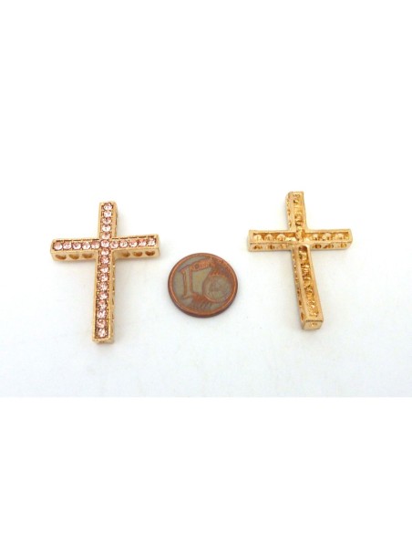 perle connecteur croix en métal doré et strass orangé rosé