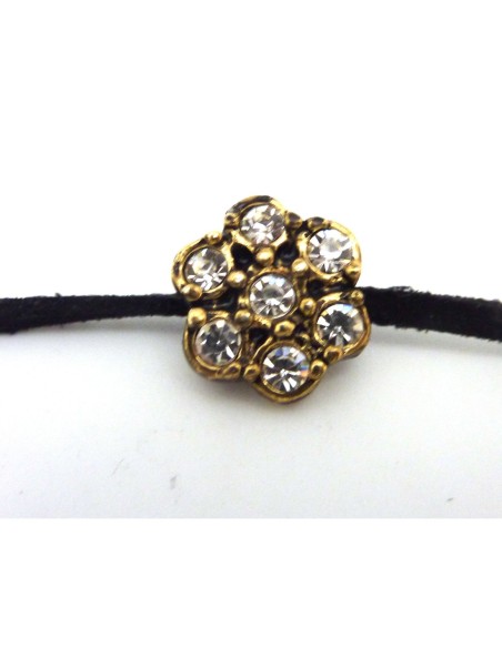 R-Perle passant bouton fleur 13,9mm en métal bronze et strass argenté