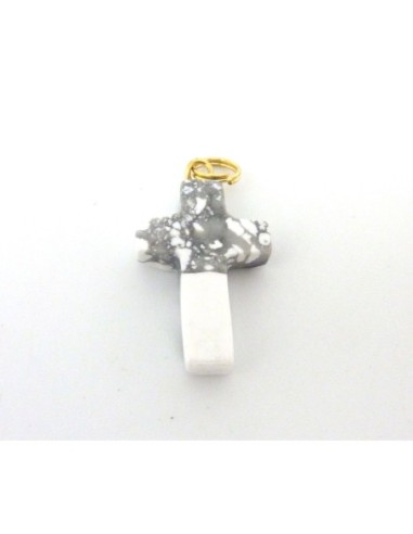 Breloque pendentif, croix 25,8mm en pierre blanche marbré, anneau doré