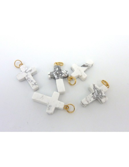 Breloque pendentif, croix 25,8mm en pierre blanche marbré, anneau doré