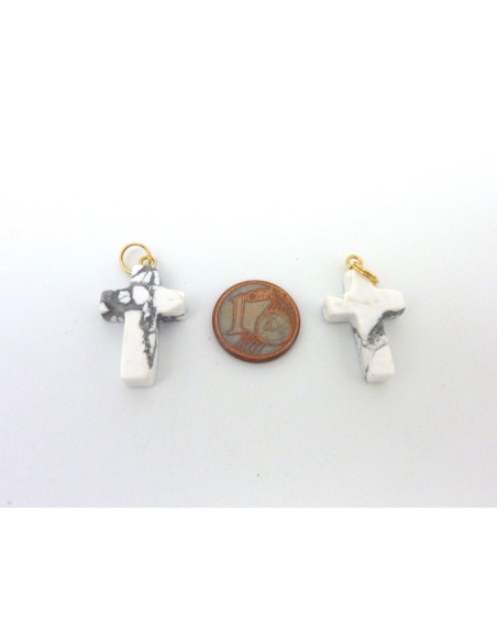 5 Pendentifs, croix 25,8mm en pierre blanche marbré, anneau doré