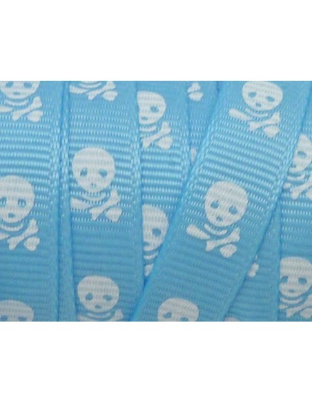 Ruban bleu clair avec motif tête de mort blanche 10mm