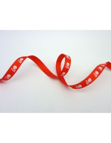  Ruban plat tête de mort blanche sur fond rouge 