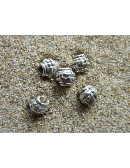 5 Perles toupie, tube, grain de riz, lanterne en métal argenté vieil