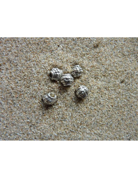 5 Perles toupie, tube, grain de riz, lanterne en métal argenté vieil