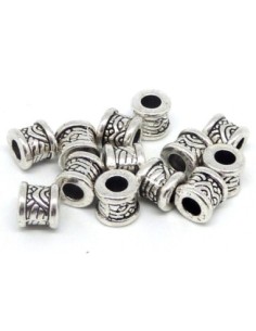 10 Perles tube gravé, tonneau 6,9mm en métal argenté