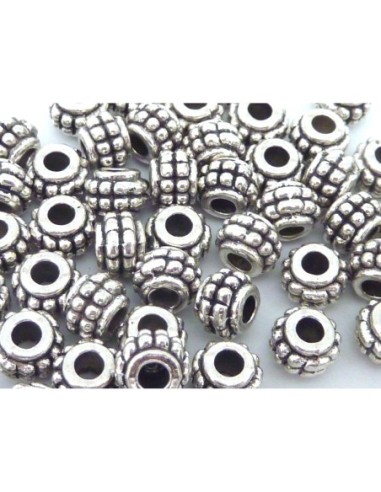 Perles cylindre, tube, tonneau en métal argenté strié 7,2mm