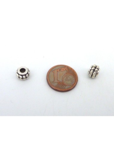 Perles cylindre, tube, tonneau en métal argenté strié 7,2mm