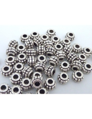 Perles cylindre, tube, tonneau en métal argenté strié 7,2mm