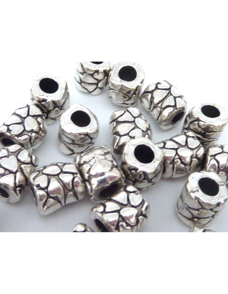 5 Perles tube 9,2mm gravé coeur et rond en métal argenté