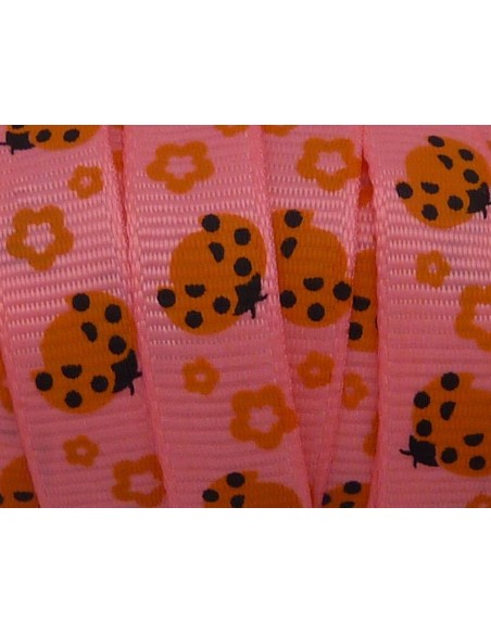 1m Ruban coccinelle orangé sur fond rose 10mm de large