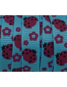 1m Ruban coccinelle rose sur fond bleu 10mm de large