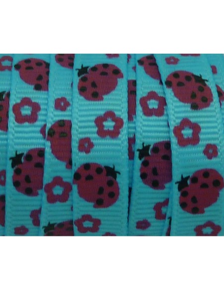 1m Ruban coccinelle rose sur fond bleu 10mm de large