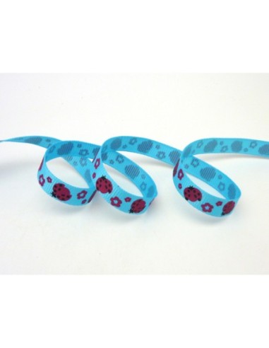 1m Ruban coccinelle rose sur fond bleu 10mm de...
