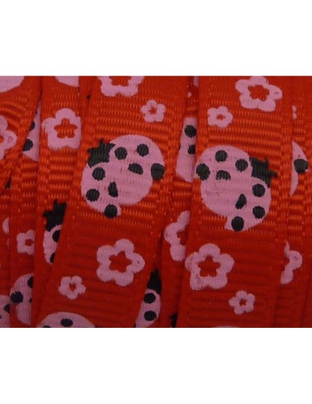 1m Ruban coccinelle rose sur fond rouge 10mm de large