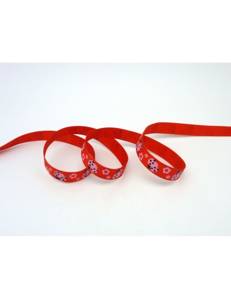 1m Ruban coccinelle rose sur fond rouge 10mm de large
