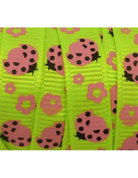 1m Ruban coccinelle rose sur fond vert fluo 10mm de large