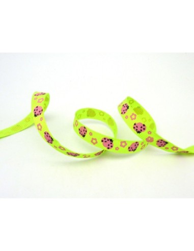 1m Ruban coccinelle rose sur fond vert fluo...