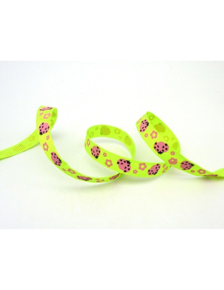 1m Ruban coccinelle rose sur fond vert fluo 10mm de large