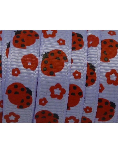 1m Ruban coccinelle rouge sur fond parme 10mm de large