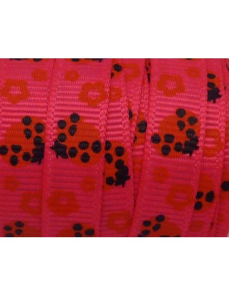 1m Ruban coccinelle rouge sur fond rose vif quasi fluo 10mm de large