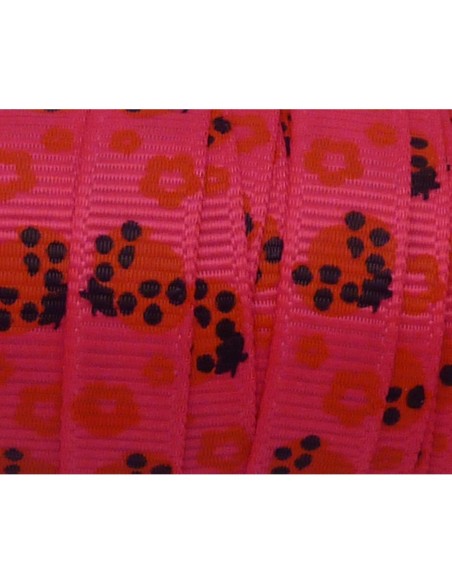 1m Ruban coccinelle rouge sur fond rose vif quasi fluo 10mm de large