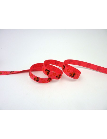 1m Ruban coccinelle rouge sur fond rose vif quasi fluo 10mm de large