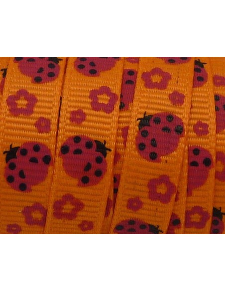 1m Ruban coccinelle rouge rose sur fond orange 10mm de large