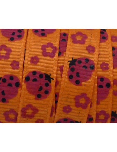 1m Ruban coccinelle rouge rose sur fond orange 10mm de large