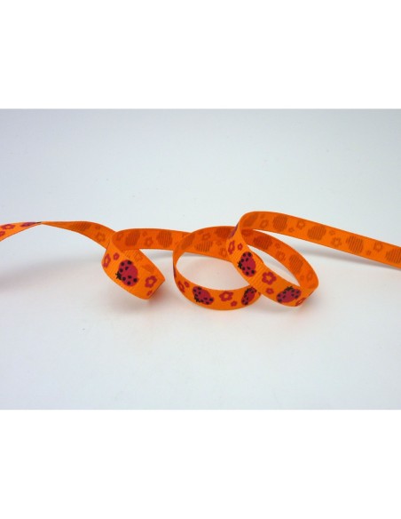 1m Ruban coccinelle rouge rose sur fond orange 10mm de large